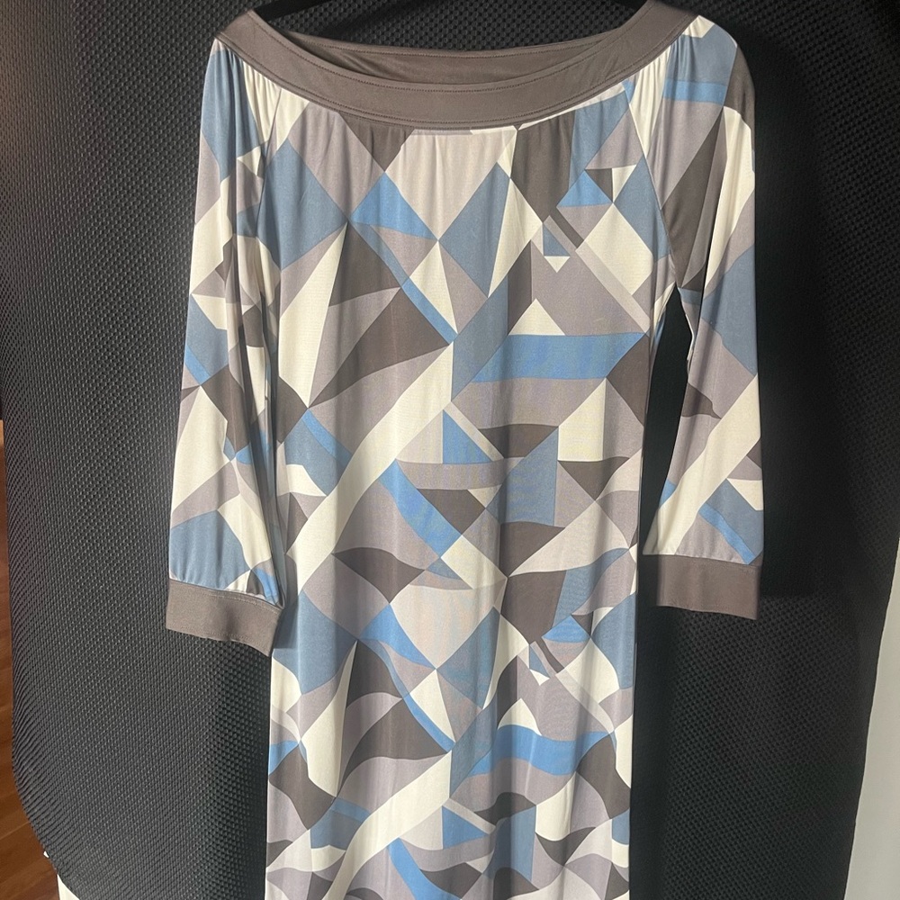 Tory Burch Blue and Gray Geometric Long Sleeve Dress